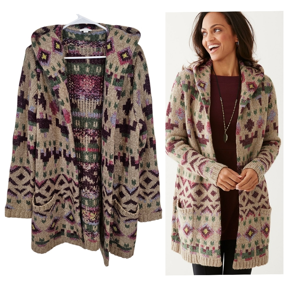 J. Jill Lenox Southwestern Aztec along Cardigan Open Front Hooded Wool Blend